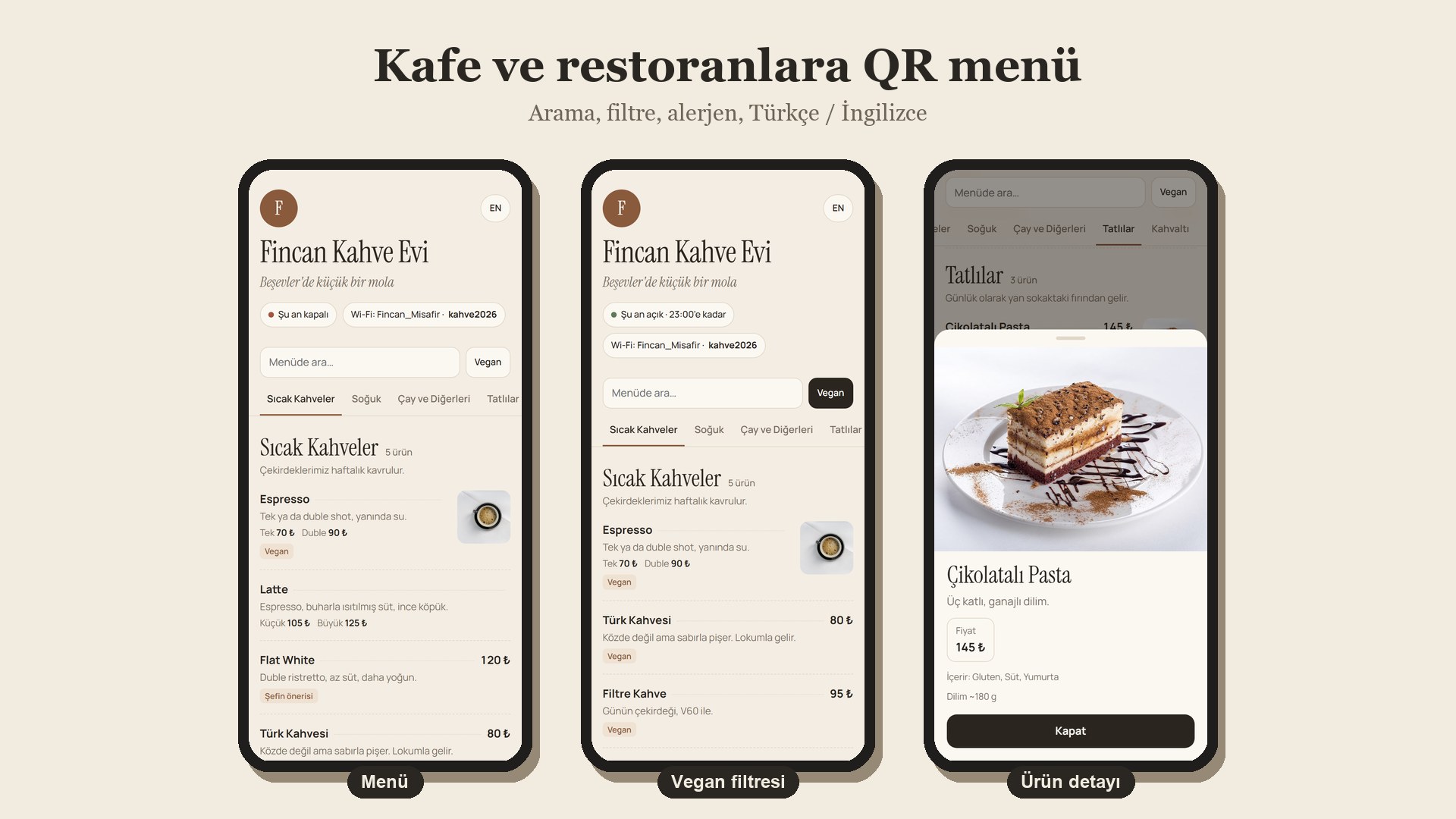 Kafe ve restoranlara QR menü örnek ekranları