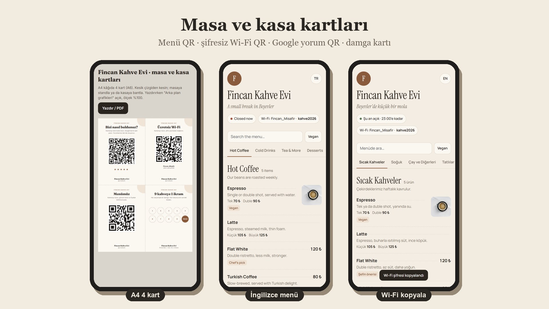 Kafe ve restoranlara QR menü örnek ekran