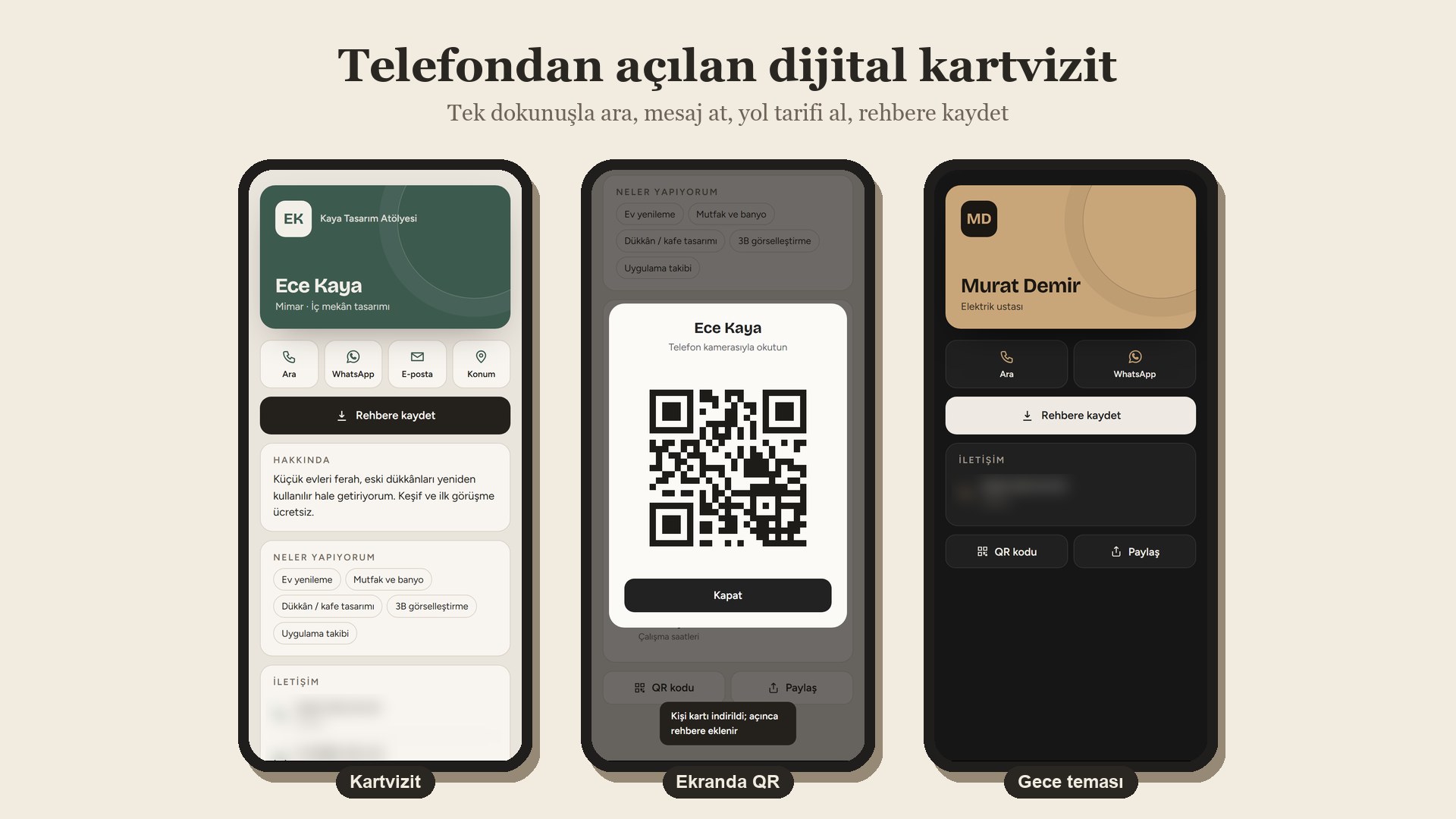 QR kodlu dijital kartvizit ve link sayfası örnek ekranları