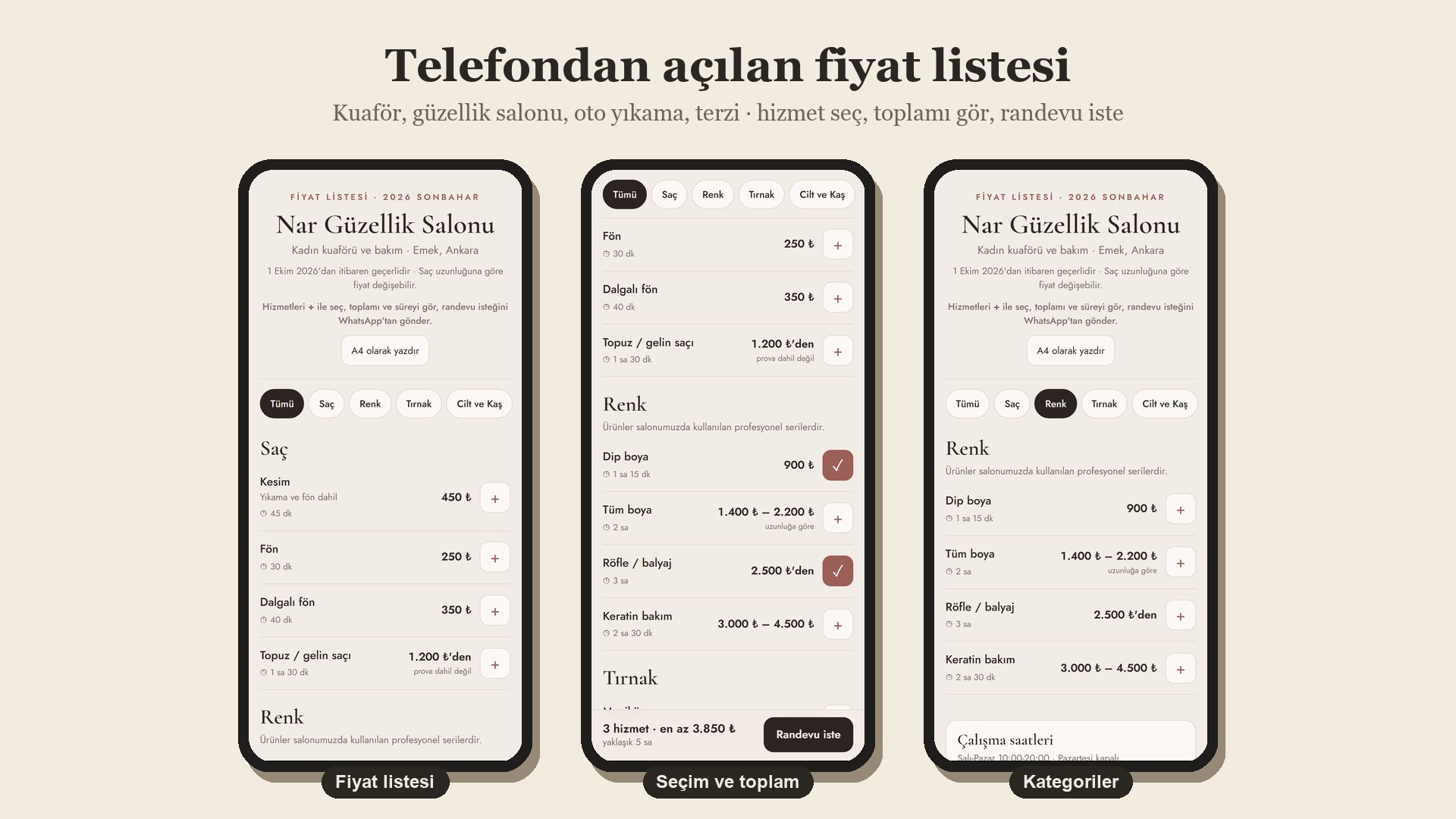 Telefondan açılan fiyat listesi örnek ekranları