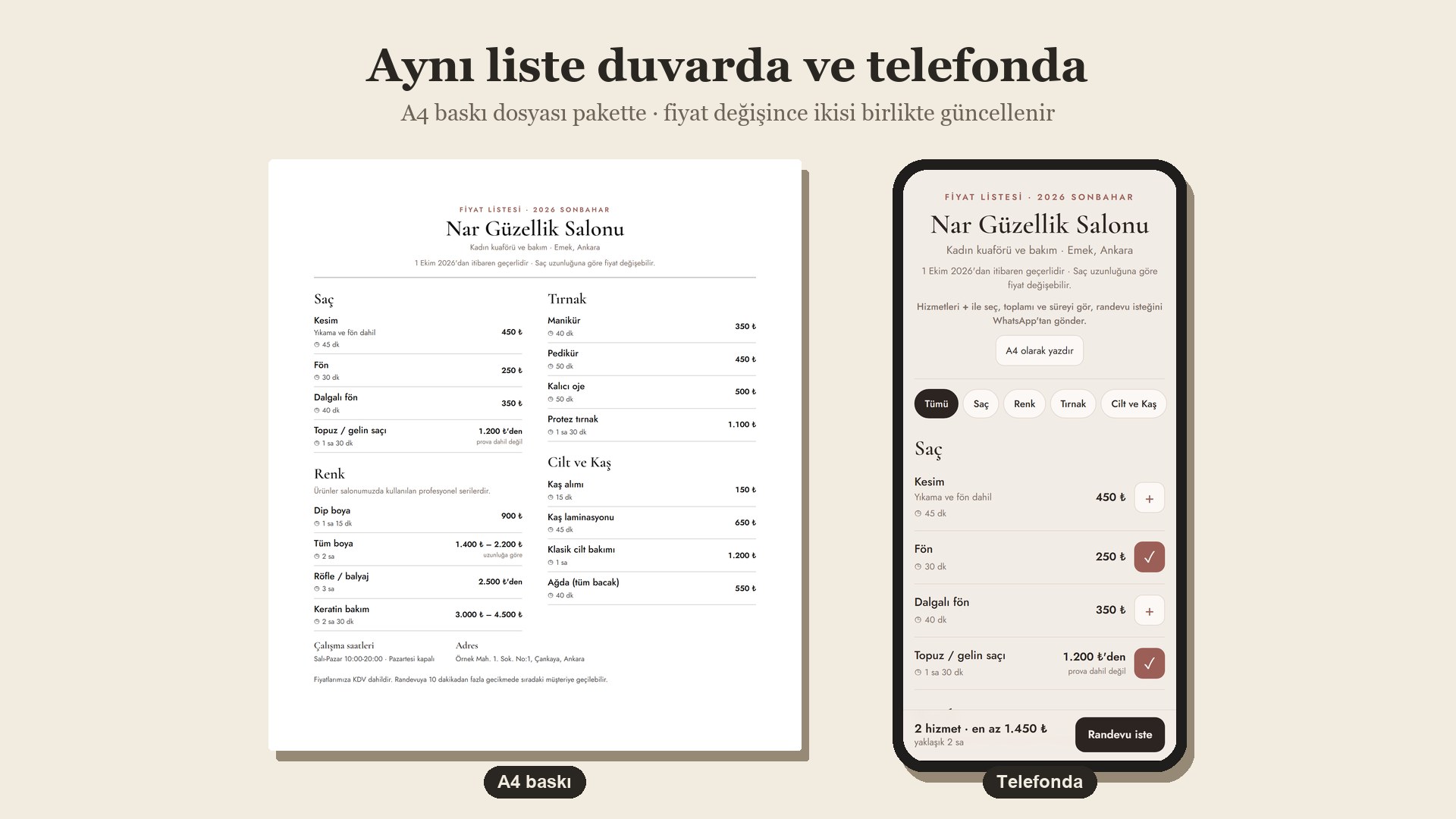 Telefondan açılan fiyat listesi örnek ekran